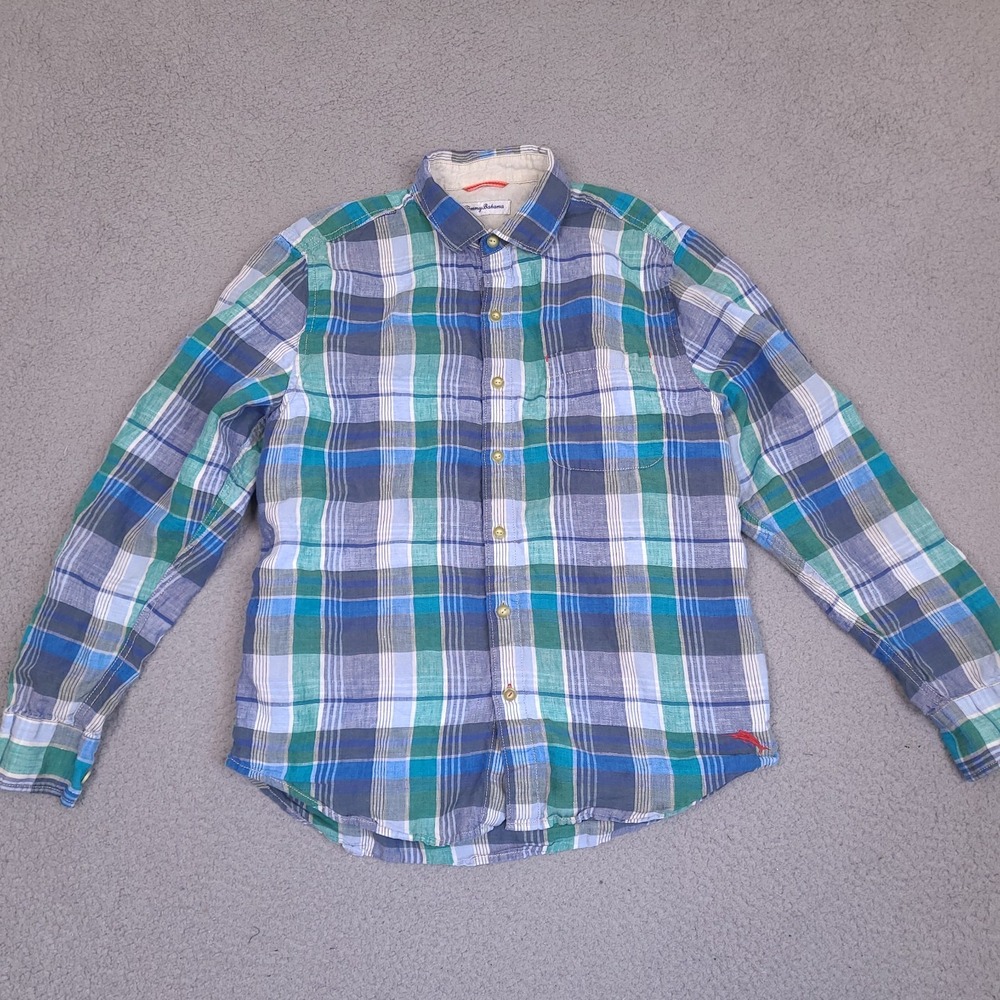 Tommy Bahama Linen Shirt Mens Medium Blue Green Plaid Long Sleeve Button Up